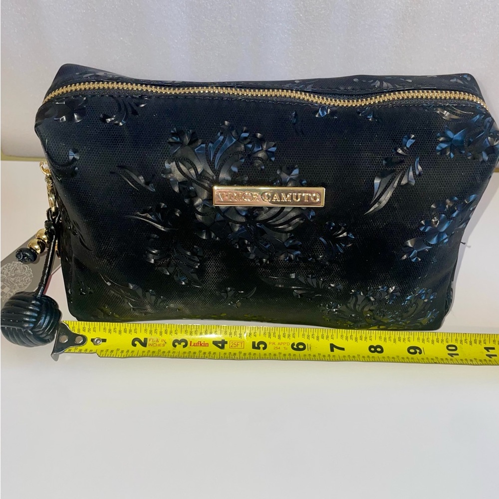 NWT Vince Camuto Black Floral Embossed Cosmetic Bag with Gold Hardware - Picture 9 of 11